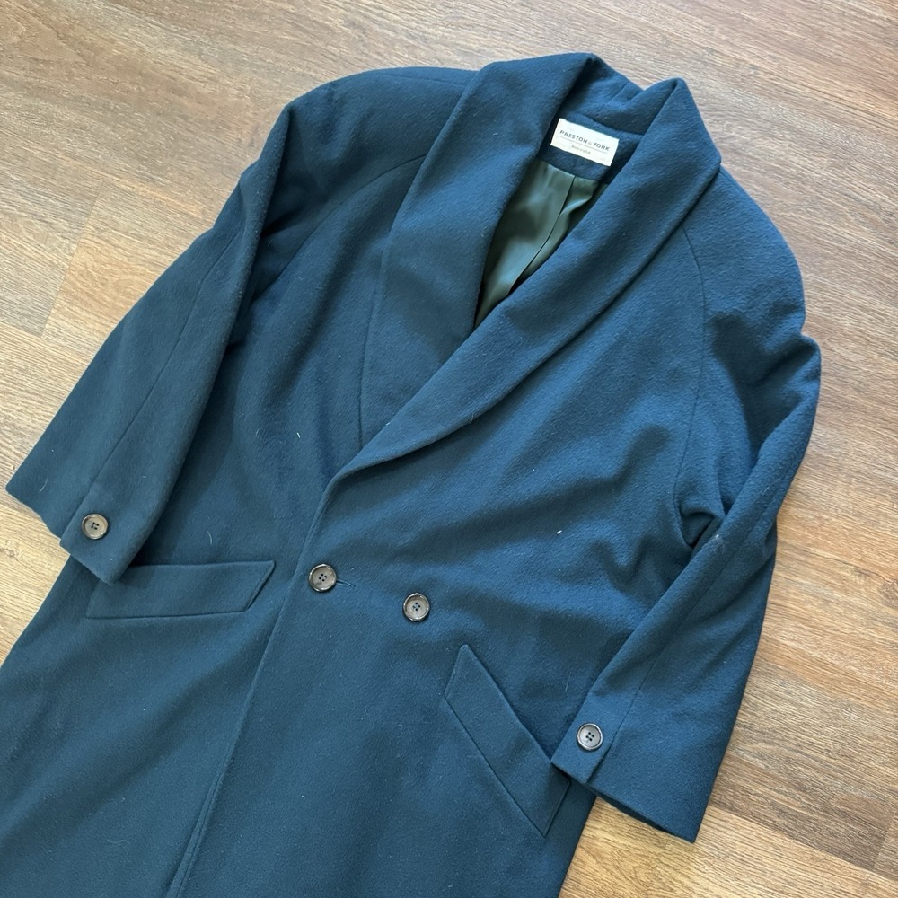 VTG Preston & York Blue Teal 100% Wool Single Breasted Long Coat Sz 12 USA